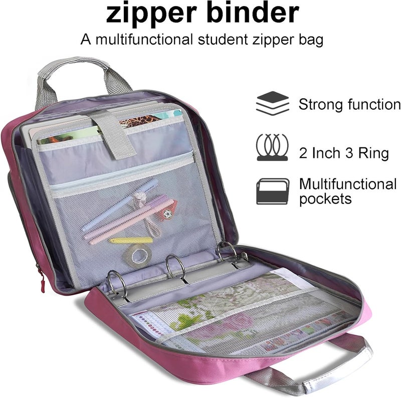 CTWWFS 2 Inch 3 Ring Zipper Binder - Trapper Keeper Binder with Strap - 500 Sheet Capacity & Multi-Pockets for School and Office (Pink) - Image 2